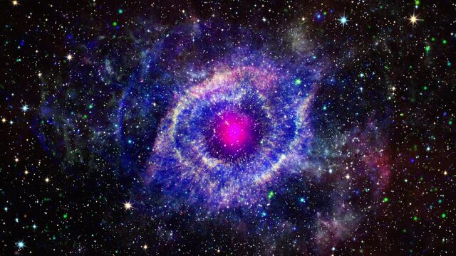 Loop Space Flight deep space exploration travel to Helix Nebula also known as NGC 7293 or Caldwell 63 with flickering cloud energy. 4K 3D space exploration to Helix Nebula. Furnished by NASA image.