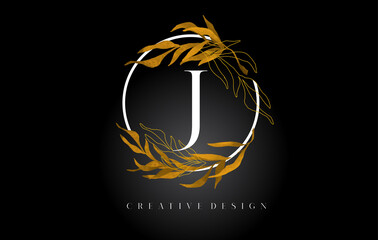 Golden Leaf Letter J Logo Design With Gold leafs and Simple Elegant Serif Letter