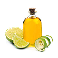 Citrus oil with lime fruits on white backgrounds.
