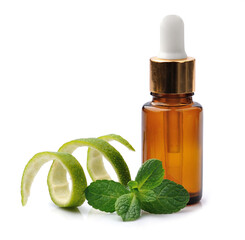 Essential oil of bergamot on white backgrounds.