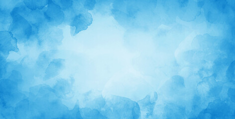 blue watercolor background with abstract sky border design, painted pastel blue blotches and blobs in abstract cloudscape illustration