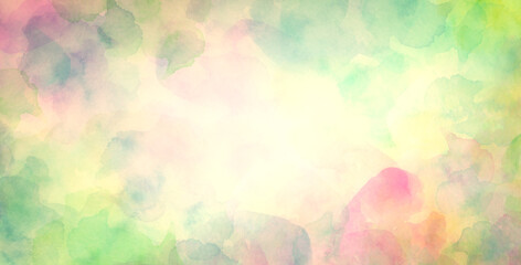 colorful watercolor background in green blue pink and yellow spring or Easter colors, abstract sunny bright bokeh blur design  - 423553276