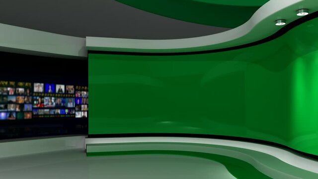 TV studio. Green studio. Green background. News studio. The perfect backdrop for any green screen or chroma key video or photo production. 3d render. 3d