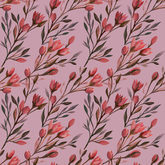 Spring seamless pattern in vintage style with red flowers, leaves and twigs on a pink background