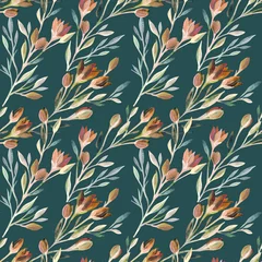 Wallpaper murals Farmhouse style Vintage spring flowers on a dark green hand-drawn background. Floral seamless pattern.