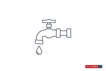 Water Faucet Icon Line with Waterdrop isolated on White Background. Flat Vector Icon Design Template Element.
