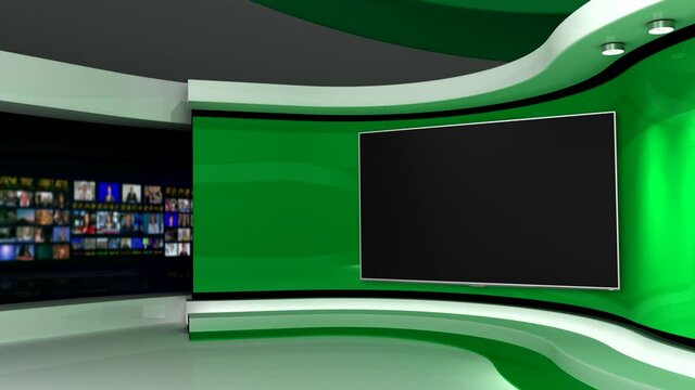 TV studio. Green studio. Green background. News studio. The perfect backdrop for any green screen or chroma key video or photo production. 3d render. 3d