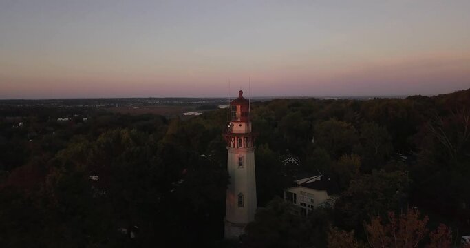 Aerial View Of Staten Island Range Light In Twilight. Historic Lighthouse Of New York, Drone Shot