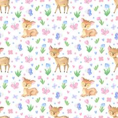 Seamless Pattern watercolor Deer, forest animals. Woodland baby animals print, cute cartoon,  wild life background. For digital paper, fabric, scrapbooking. Deer, butterfly, pink flowers