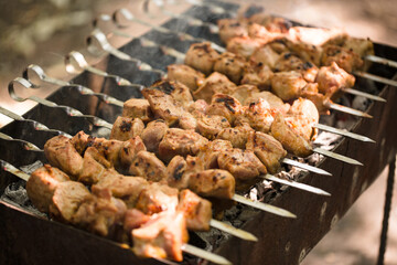Marinated shashlik preparing on a barbecue grill over charcoal. Shashlik or Shish kebab popular in Eastern Europe. Shashlyk (skewered meat) was originally made of lamb. Roast Beef Kebabs On BBQ Grill.