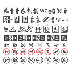 Shopping center or mall information vector sign set. Public building signs for restaurants restroom, elevators, fire exit. © Tsvetina
