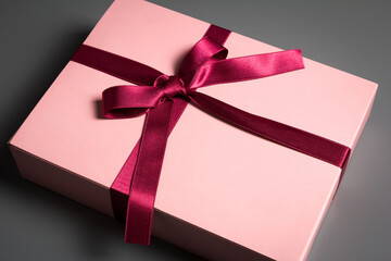 Pink gift box with a red ribon on a dark background.