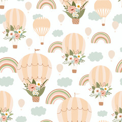 Kids seamless pattern with rainbow, air balloon and flower in pastel colors. Cute texture for kids room design, Wallpaper, textiles, wrapping paper, apparel. Vector illustration