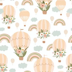 Peel and stick wall murals Air balloon Kids seamless pattern with rainbow, air balloon and flower in pastel colors. Cute texture for kids room design, Wallpaper, textiles, wrapping paper, apparel. Vector illustration