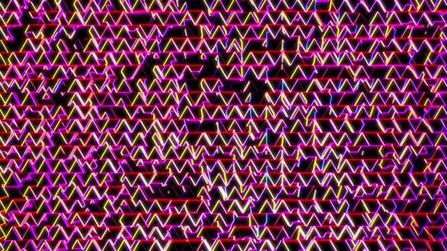 Neon Herringbone Wall - Wall with neon herringbone moving upwards. In this case, the colors shimmer, and the triangles wink between each other and change shape with morph into one another. Looped.