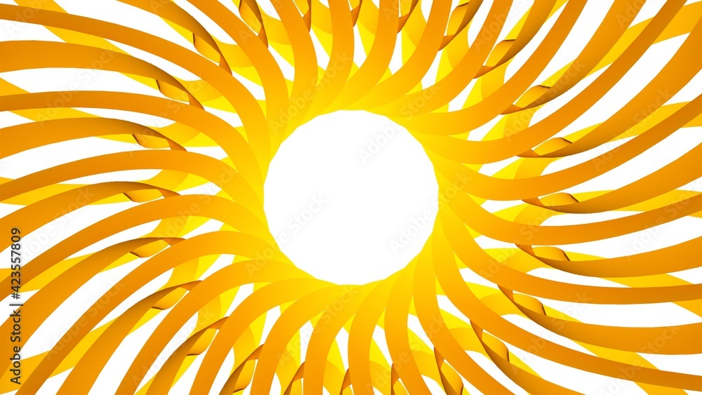 Poster yellow circular pattern from ribbons on a white background. graphic design. 3d rendering image.
