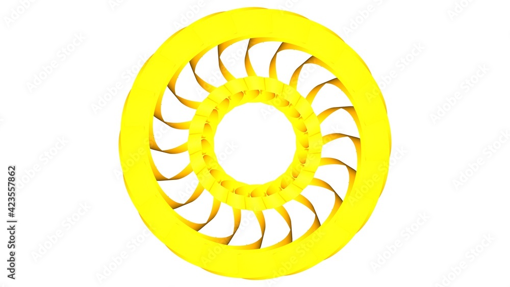 Poster yellow circular pattern from ribbons on a white background. graphic design. 3d rendering image.