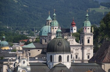 Baroque churches in  the old town of Salzburg, Austria, Europe. Salzburg is a famous international travel destination.