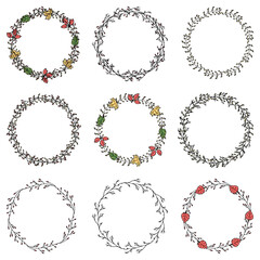 Obraz premium Set round frame of autumn leaves. Hand drawn Vector illustration. White background.