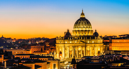 Night view of St. Peter's Basilica in Vatican City, Rome, Italy
