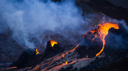 Lava flows from a small volcanic eruption in the Geldingardalur Valleys of Mt Fagradalsfjall, Southwest Iceland. The eruption occurred only about 30 km away from the capital of Reykjav&iacute;k.