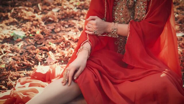 young oriental woman. Red silk sexy dress. Queen girl sits in autumn park on ground, fallen leaves. Gold crown jewelry bracelets earrings, accessory. Girl fashion model posing, hand stroking bare leg