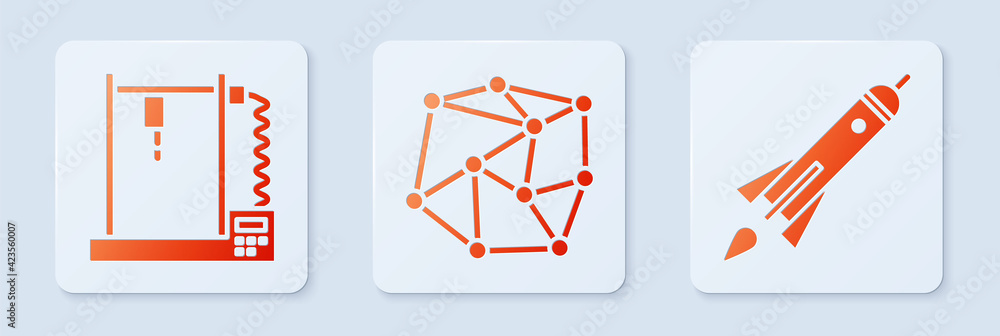 Poster set neural network, 3d printer and rocket ship with fire. white square button. vector