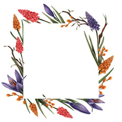 Frame with flowers. Watercolor illustration on white background isolated. Frame, an illustration for postcards, posters, textile design and other.