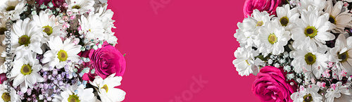 bouquets of flowers on a pink background banner