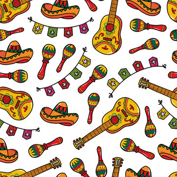 seamless pattern with mexican guitars, sombrero, maracas and cinco de mayo flags