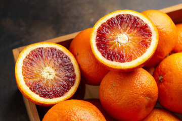 Fresh Red Blood Oranges in wooden box