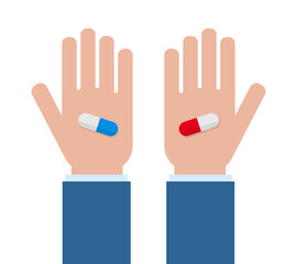 Hand with red blue pills