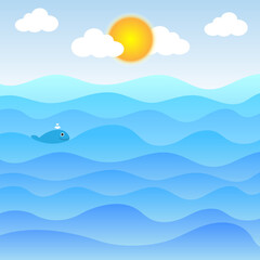 Water waves and sun with clouds and cute little fish