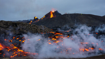 Lava flows from a small volcanic eruption in the Geldingardalur Valleys of Mt Fagradalsfjall,...