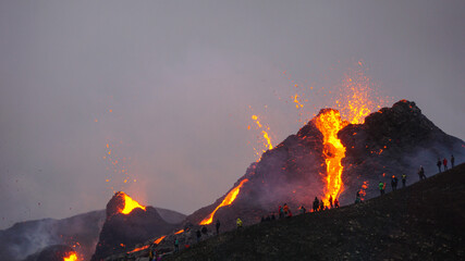 Lava flows from a small volcanic eruption in the Geldingardalur Valleys of Mt Fagradalsfjall,...