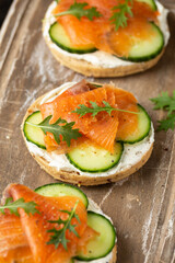 Fresh bagel with Salmon, cream cheese and cucumber