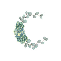 Watercolor succulent floral frame with eucalyptus leaves. Hand drawn summer greenery illustration for wedding invitation, greeting card, logo design and other.