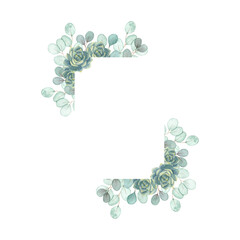 Watercolor succulent floral frame with eucalyptus leaves. Hand drawn summer greenery illustration...