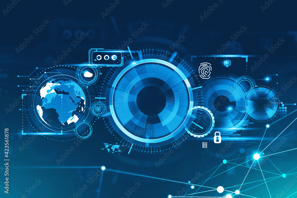 Poster digital hud with earth globe, fingerprint and network circuit