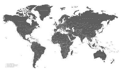 Poster Wereldkaart grijs en wit met steden en landen Vectorillustratie © asantosg