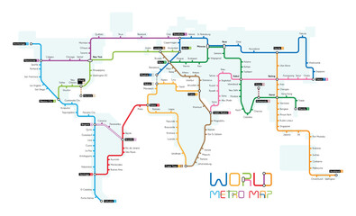 Vector illustration of a world map designed as a subway map