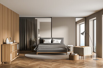Wooden bedroom interior with bed and bathroom