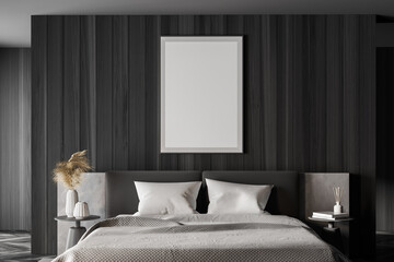 Grey bedroom interior with bed and linens, mockup poster