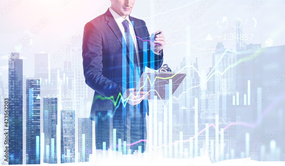 Poster man with clipboard, graph changes lines and bars with numbers