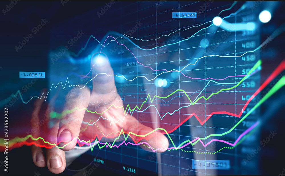 Poster man finger touch graph lines and bars with numbers