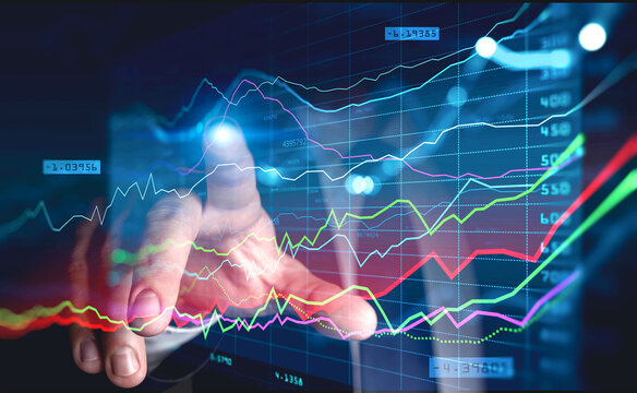 Man finger touch graph lines and bars with numbers