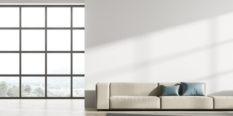 Living room interior with white empty wall and panoramic window