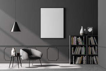 Dark waiting room interior with bookcase, armchair and empty poster