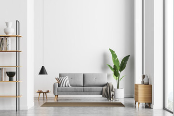 Bright living room interior with white empty wall - obrazy, fototapety, plakaty
