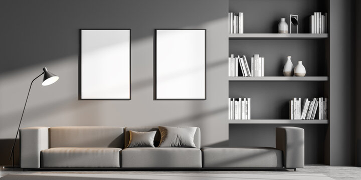 Modern living room interior with two poster on grey wall